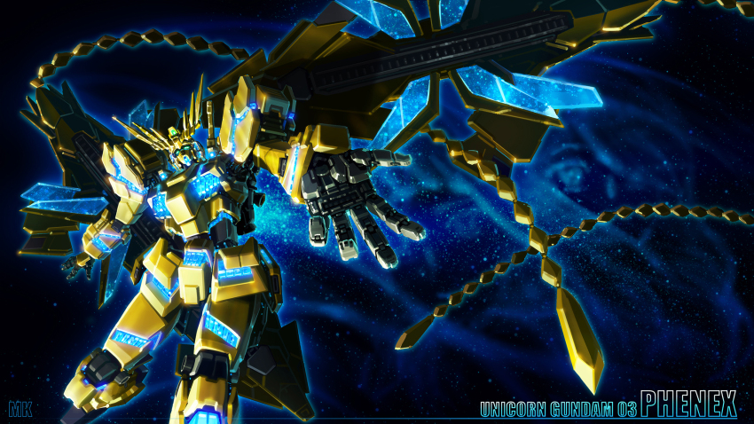 character_name commentary_request energy english_text glowing gundam gundam_narrative highres machinery marskind mecha mecha_focus mobile_suit no_humans realistic robot science_fiction space unicorn_gundam_phenex v-fin