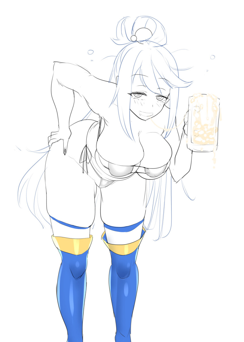 1girl aqua_(konosuba) ass bare_shoulders bikini blue_thighhighs blush breasts center_opening cleavage collarbone cum cum_in_container cup drinking_glass eyepatch_bikini gokkun groin hair_rings hand_on_own_hip highres konmori_(kinbou_sokai) kono_subarashii_sekai_ni_shukufuku_wo! large_breasts long_hair looking_at_viewer micro_bikini side-tie_bikini_bottom sidelocks simple_background swimsuit thighhighs thighs white_background wide_hips