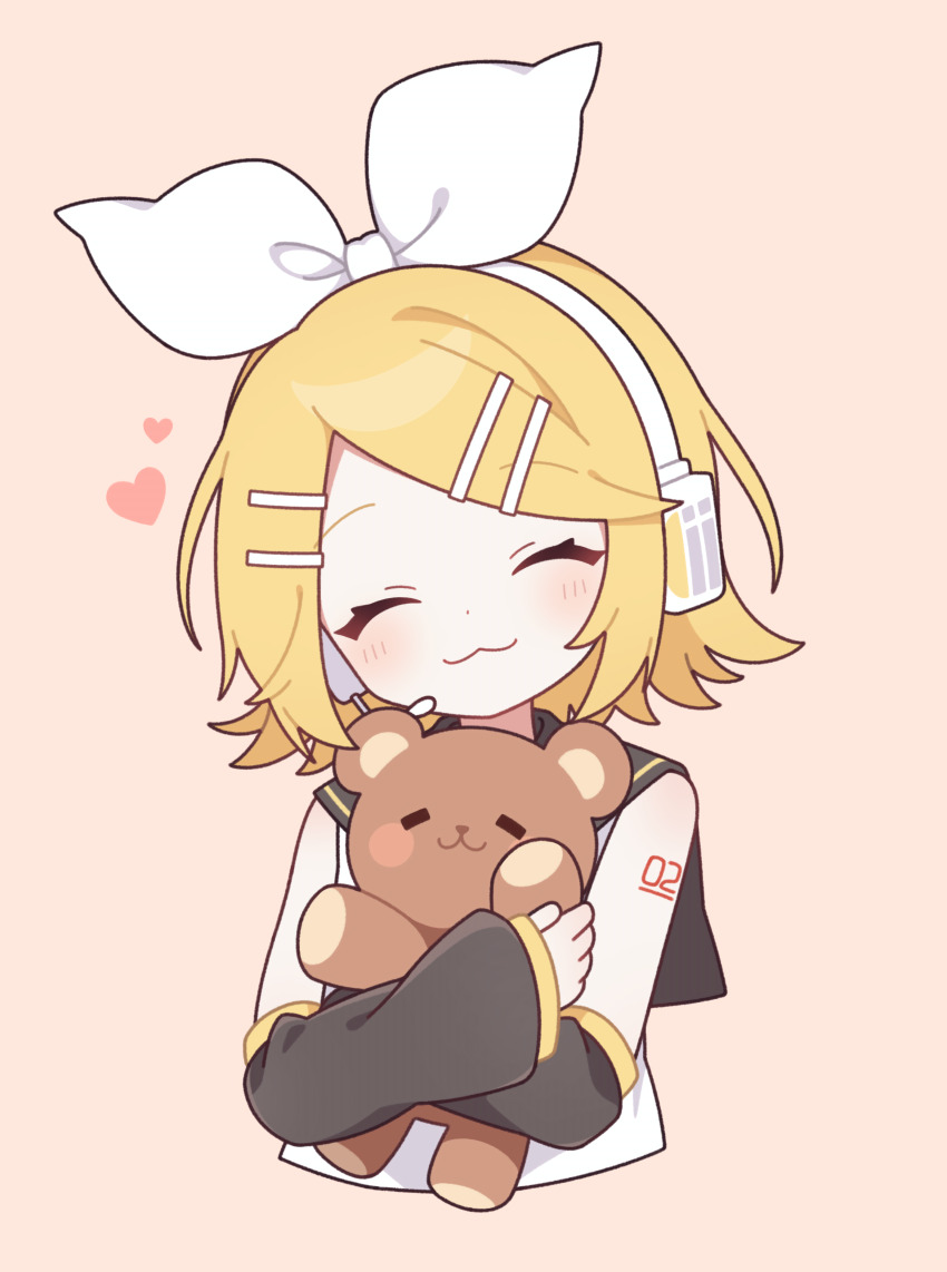 1girl :3 absurdres black_sailor_collar black_sleeves blonde_hair bow closed_eyes closed_mouth detached_sleeves dot_nose facing_viewer hair_bow hair_ornament hairband hairclip headphones heart highres hugging_object kagamine_rin meroharome number_tattoo parallel_hairclips sailor_collar shirt short_hair simple_background sleeveless sleeveless_shirt smile solo stuffed_animal stuffed_toy tattoo teddy_bear upper_body vocaloid white_bow white_hairband white_shirt