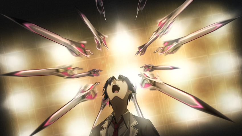 1boy adam&#039;s_apple black_jacket blazer chaos;child collared_shirt d-sword falling_swords from_below game_cg hekiho_academy hekiho_academy_school_uniform highres imminent_death imminent_injury jacket lapels looking_up miyashiro_takuru multiple_swords necktie non-web_source notched_lapels official_art open_collar orange_theme raining_swords red_necktie sasaki_mutsumi shirt surprised sword teeth tongue upper_teeth_only weapon white_shirt
