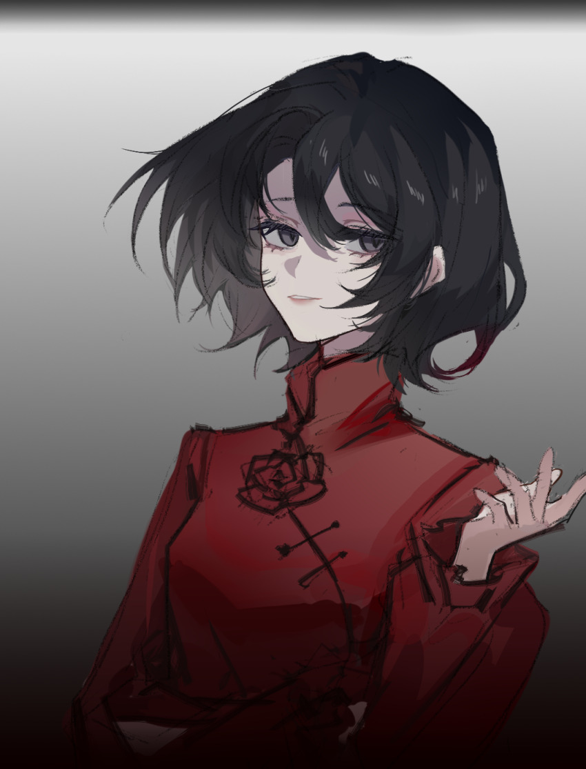 1girl black_eyes black_hair breasts chinese_commentary commentary_request di_hongxia gradient_background hair_between_eyes hand_up high_collar highres long_sleeves parted_lips red_shirt shirt shirt_flower short_hair sleeve_slit small_breasts solo touqi_guaitan upper_body yihualuoxi