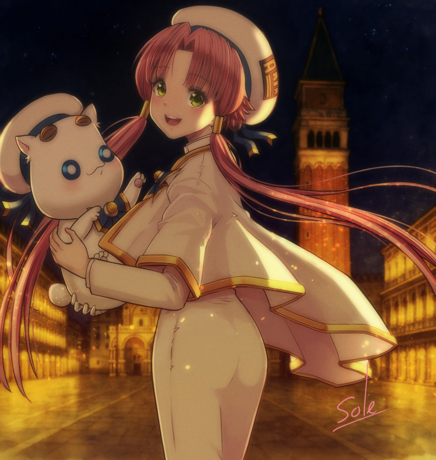 1girl animal aria_(manga) aria_company_uniform aria_pokoteng artist_name beret blue_bow blue_bowtie blue_ribbon blush bow bowtie capelet cat commentary_request cowboy_shot dress eyelashes gold_trim green_eyes hair_tubes hat hat_ribbon highres holding holding_animal holding_cat impossible_clothes impossible_dress long_sleeves looking_at_viewer mizunashi_akari night night_sky open_mouth outdoors parted_bangs piazza_san_marco pink_hair ribbon short_hair_with_long_locks signature sky smile star_(sky) starry_sky teeth telaform upper_teeth_only venice white_capelet white_cat white_dress white_hat