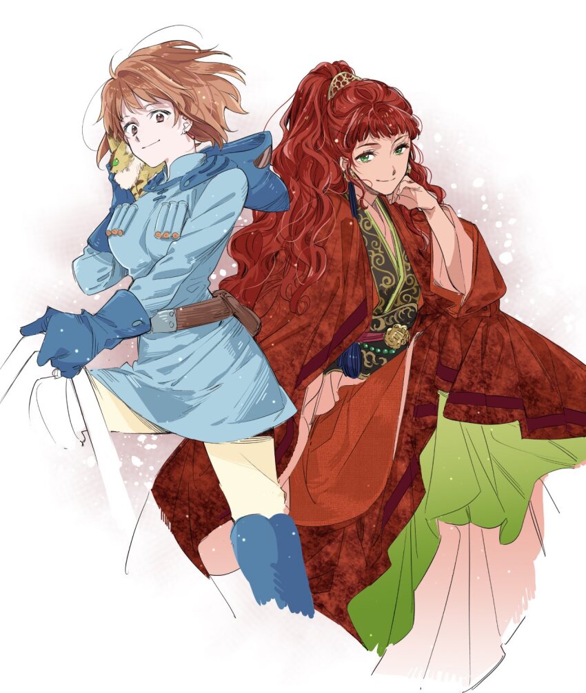 2girls animal belt blue_dress blue_gloves blunt_bangs brown_belt brown_eyes brown_hair coat commentary_request cropped_legs crossover dress floating_hair gloves green_dress green_eyes hair_ornament half_updo hand_on_own_cheek hand_on_own_face highres hooded_dress juuni_kokuki kaze_no_tani_no_nausicaa long_hair long_sleeves looking_at_viewer multiple_girls nakajima_youko nausicaa pink_dress ran_(ran_0605) red_coat red_hair short_hair sidelocks sitting smile standing teto_(nausicaa) very_long_hair wavy_hair wuxia