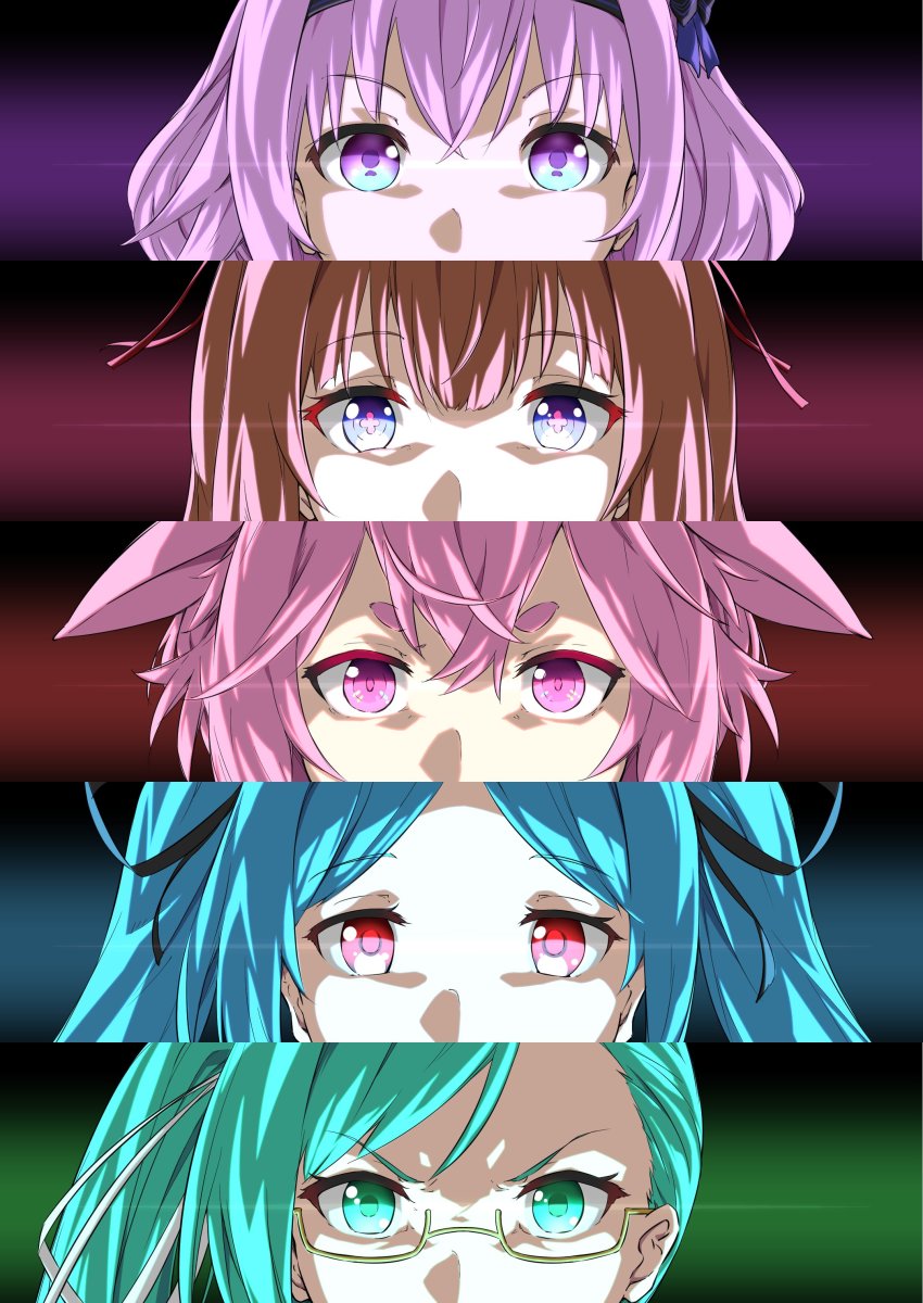 .live absurdres blue_eyes carro_pino glasses glowing glowing_eyes green_eyes hair_between_eyes highres kagura_suzu_(.live) kakyouin_chieri looking_at_viewer mokota_mememe parody persona persona_3 persona_eyes pink_eyes purple_eyes red_eyes sakuria virtual_youtuber yamato_iori