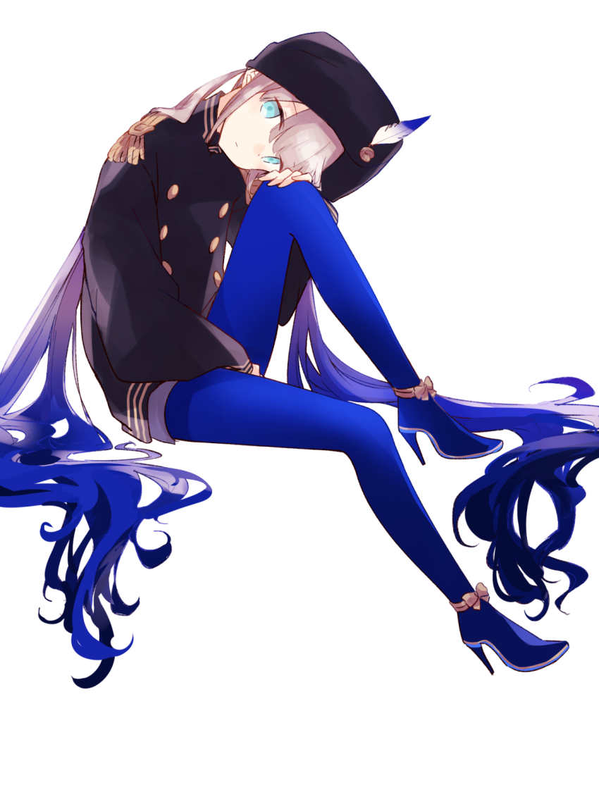 1boy arm_between_legs black_hat black_poncho blue_eyes blue_hair blue_pantyhose blue_shoes blunt_bangs brown_hair captain_nemo_(fate) captain_nemo_(third_ascension)_(fate) closed_mouth epaulettes expressionless fate/grand_order fate_(series) full_body gradient_hair grey_shorts hat hat_feather head_on_knee high_heels highres invisible_chair kak_hac knee_up long_hair long_sleeves looking_at_viewer male_focus multicolored_hair nemo_(fate) pantyhose poncho shoes shorts simple_background sitting solo trap turban twintails very_long_hair white_background