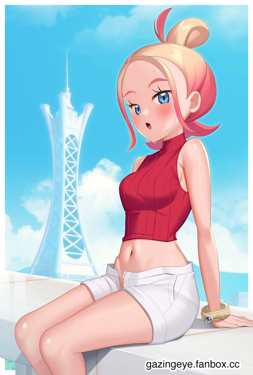 1girl :o blonde_hair blue_eyes blue_sky blush bracelet breasts brown_jacket cloud cropped_sweater day gazing_eye gradient_hair highres jacket jewelry looking_at_viewer medium_breasts midriff multicolored_hair navel nintendo off_shoulder open_fly outdoors pink_hair pokemon pokemon_legends:_z-a red_sweater shorts sitting sky smile solo stomach sweater taunie_(pokemon) thighs tower white_shorts