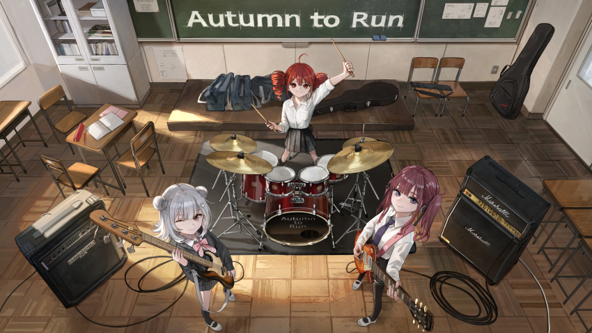 3girls absurdres ahoge amplifier arm_up band_(music) bass_guitar black_jacket black_necktie black_pantyhose black_skirt black_socks blazer bow bowtie cevio chair chalkboard classroom closed_mouth collared_shirt commentary_request commission desk double_bun drill_hair drum drum_set drumsticks electric_guitar fisheye from_above gibson_les_paul grey_hair guitar guitar_case hair_bun hair_ornament hairclip hashimoto_kokai highres holding holding_bass_guitar holding_drumsticks holding_guitar holding_instrument holding_plectrum indoors instrument instrument_case jacket kasane_teto kneehighs koharu_rikka long_hair long_sleeves looking_at_viewer looking_up marshall_amplification miniskirt multiple_girls music natsuki_karin necktie official_art one_eye_closed open_mouth pantyhose pink_bow pink_bowtie playing_instrument pleated_skirt plectrum purple_eyes red_eyes red_hair school_chair school_desk school_uniform shirt shoes short_hair skirt smile socks speaker standing sweater synthesizer_v thighhighs twin_drills twintails utau uwabaki video_thumbnail white_footwear white_shirt wide_shot wooden_floor