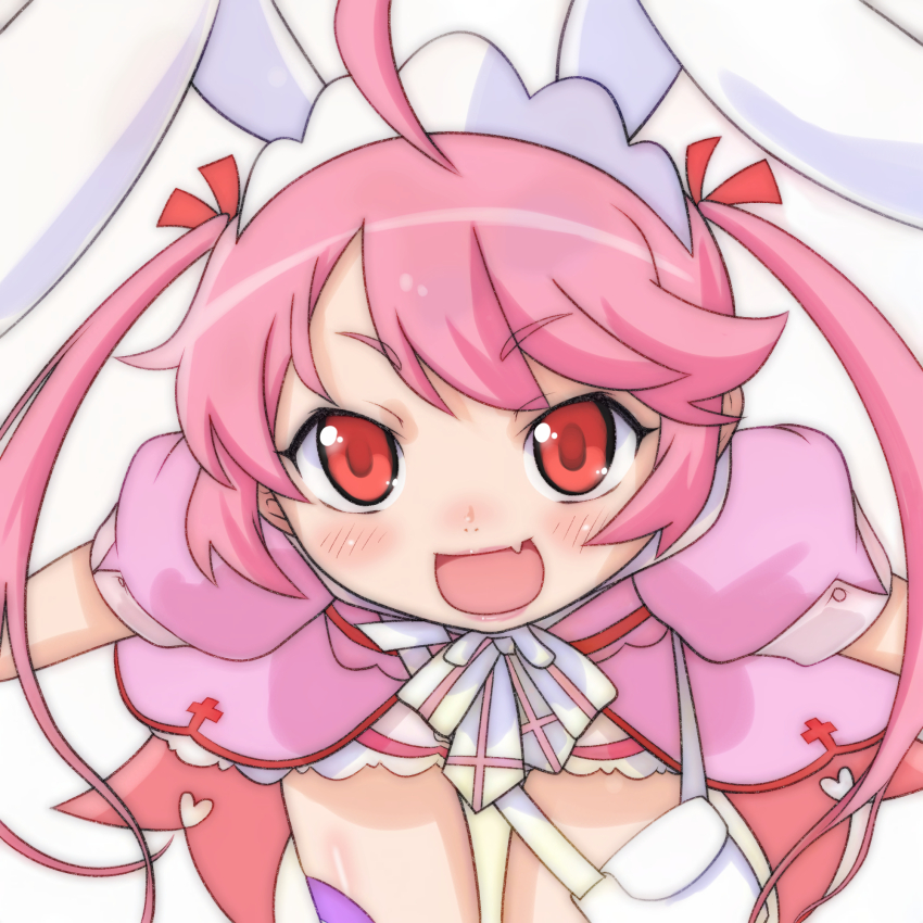 1girl ahoge animal_ears bag blush bow bowtie cross cross_print dress fang hair_ribbon heart heart_print highres leaning_forward long_hair looking_at_viewer maid maid_headdress nakahara_komugi nurse_witch_komugi-chan open_mouth pink_dress pink_hair print_dress puffy_sleeves rabbit_ears rabbit_girl red_eyes red_ribbon ribbon short_sleeves smile standing t_jiroo_(ringofriend) twintails white_background white_bow white_bowtie