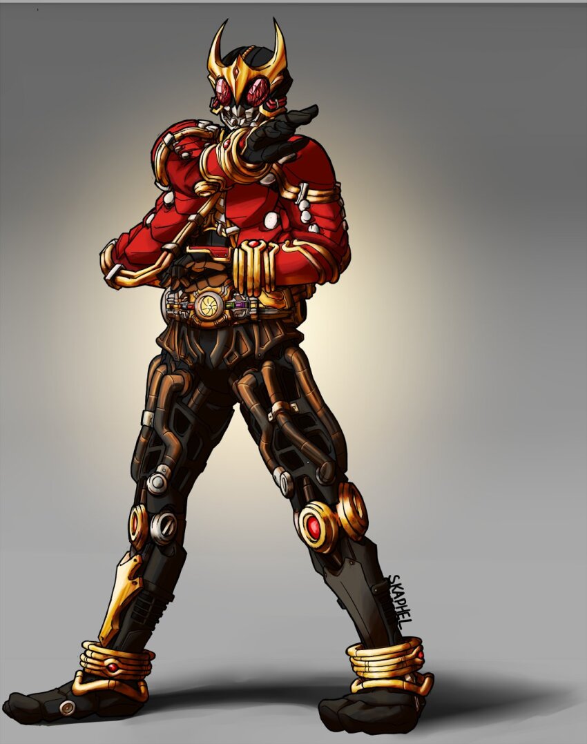 1boy arcle_(kuuga) artist_name belt black_gloves black_pants compound_eyes gloves gold_trim hand_up helmet highres kamen_rider kamen_rider_kuuga kamen_rider_kuuga_(series) kuuga_(mighty) looking_ahead male_focus pants red_background rider_belt signature skaphel solo standing tokusatsu upper_body
