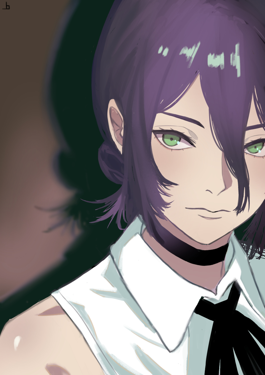 1girl absurdres black_choker black_ribbon chainsaw_man choker closed_mouth commentary english_commentary green_eyes hair_between_eyes hair_bun highres joadv neck_ribbon purple_hair reze_(chainsaw_man) ribbon shirt sleeveless sleeveless_shirt solo white_shirt