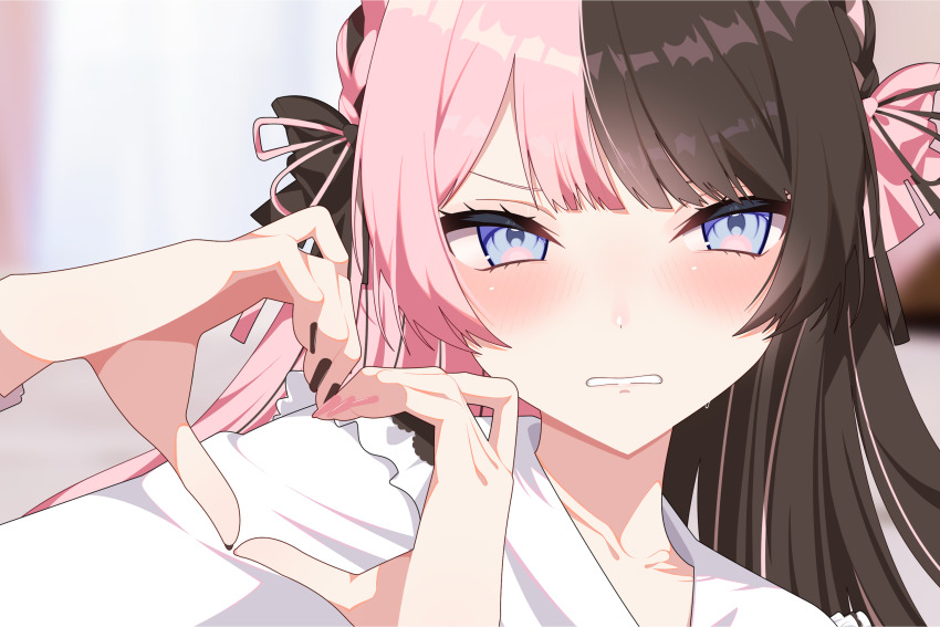 1girl black_bow black_ribbon blouse blue_eyes blush bow braid brown_hair collarbone disgust hair_bow hair_ribbon heart heart_hands highres iris_black_games long_hair looking_at_viewer multicolored_hair multicolored_nails nail_polish omas_lie parted_lips pink_bow pink_hair pink_ribbon ribbon shirt solo split-color_hair tachibana_hinano_(1st_costume) tachibana_hinano two-tone_hair virtual_youtuber vspo! white_shirt