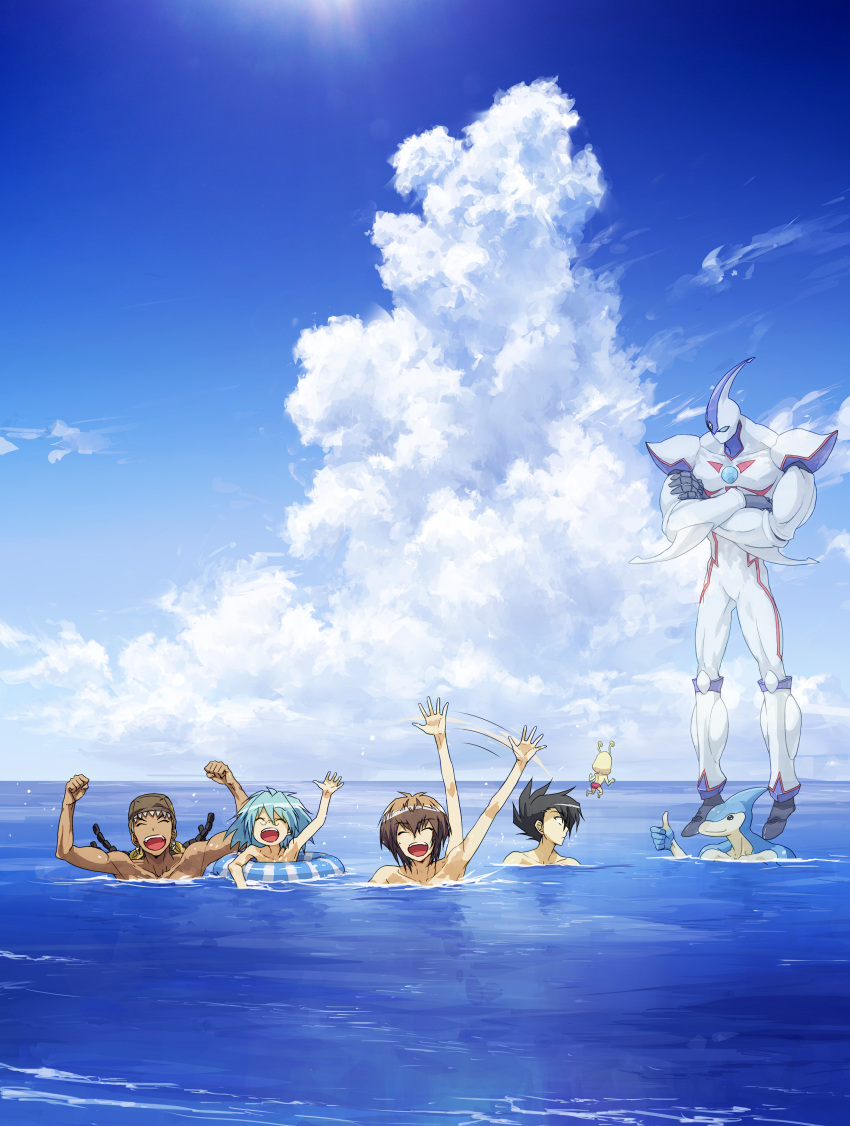 2others 4boys absurdres arm_up arms_up black_hair blue_sky brown_hair brown_hat closed_eyes cloud crossed_arms cumulonimbus_cloud dappled_sunlight duel_monster duel_spirit elemental_hero_neos facing_viewer glasses green_hair hat highres holding holding_swim_ring innertube looking_at_another looking_at_viewer looking_down looking_to_the_side male_focus manjoume_jun marufuji_sho moribuden multiple_boys multiple_others neo-spacian_aqua_dolphin ocean ojama_yellow open_mouth outdoors sky sunlight swim_ring swimming tan thumbs_up tyranno_kenzan waving yu-gi-oh! yu-gi-oh!_gx yuki_judai