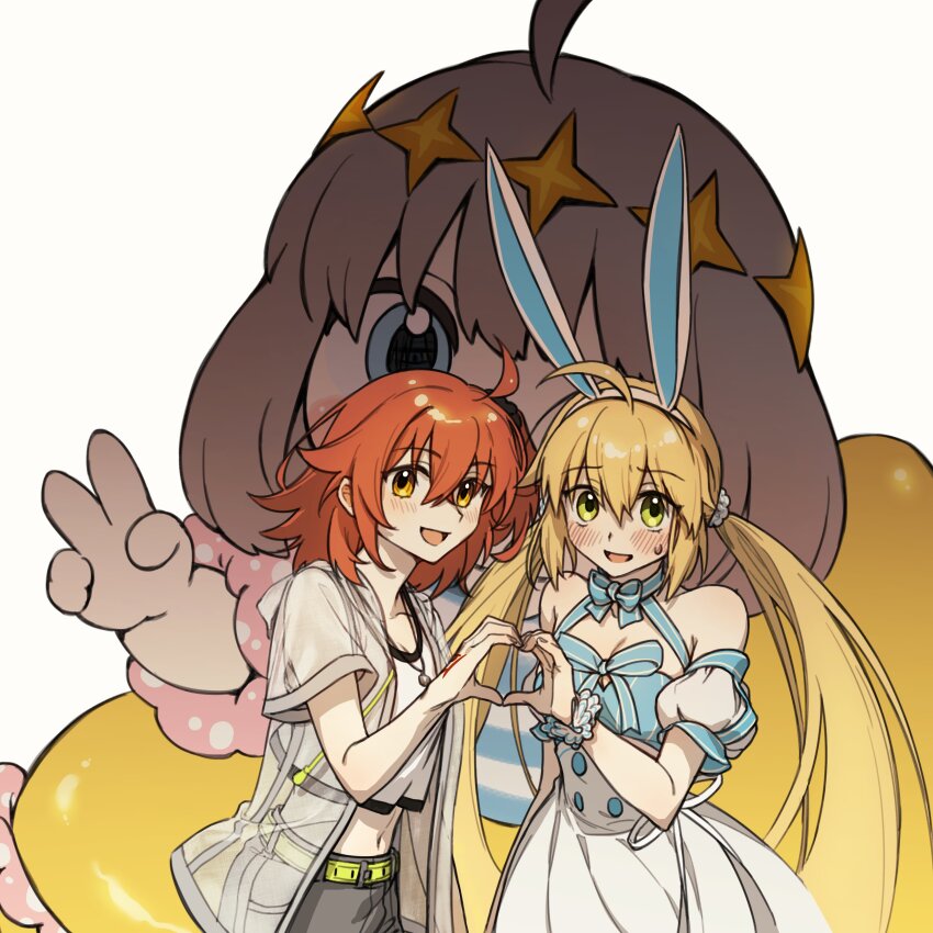 1boy 2girls absurdres ahoge animal_ear_hairband animal_ears artoria_caster_(fate) artoria_caster_(swimsuit_berserker)_(fate) artoria_caster_(swimsuit_berserker)_(second_ascension)_(fate) artoria_pendragon_(fate) bare_shoulders belt black_scrunchie blonde_hair blue_dress blursed_jollibee_mascot_suit_(meme) blush bow breasts cleavage command_spell dress dress_bow fake_animal_ears fate/grand_order fate_(series) fujimaru_ritsuka_(female) fujimaru_ritsuka_(female)_(summer_street) green_belt green_eyes grey_shorts hair_ornament hair_scrunchie hairband heart heart_hands heart_hands_duo highres jacket lix_118 long_hair looking_at_viewer mascot mascot_costume mascot_head meme multiple_girls navel oberon_(fate) open_mouth orange_hair puffy_sleeves rabbit_ears scrunchie see-through_clothes see-through_jacket short_hair shorts smile sweatdrop twintails v white_jacket yakudo_trio