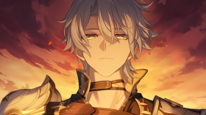 1boy absurdres armor bad_link belt black_belt black_choker black_shirt chest_belt choker cloud cloudy_sky collared_shirt game_cg hair_between_eyes highres honkai:_star_rail honkai_(series) incredibly_absurdres looking_at_viewer looking_down male_focus medium_hair neck_tattoo official_art phainon_(honkai:_star_rail) shirt shoulder_armor sky solo sun_symbol sun_tattoo sunset tan tattoo white_hair yellow_eyes