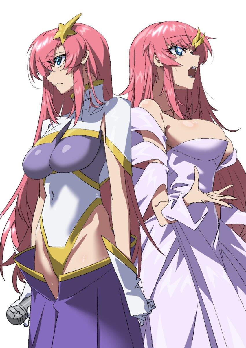 2girls bodysuit breasts commentary_request covered_erect_nipples covered_navel dress gloves gundam gundam_seed gundam_seed_destiny hair_ornament highleg highleg_leotard highres impossible_bodysuit impossible_clothes impossible_dress impossible_leotard lacus_clyne large_breasts leotard long_hair meer_campbell multicolored_leotard multiple_girls open_mouth paintedmike pink_hair purple_leotard skin_tight solo star_(symbol) star_hair_ornament thong_leotard white_leotard