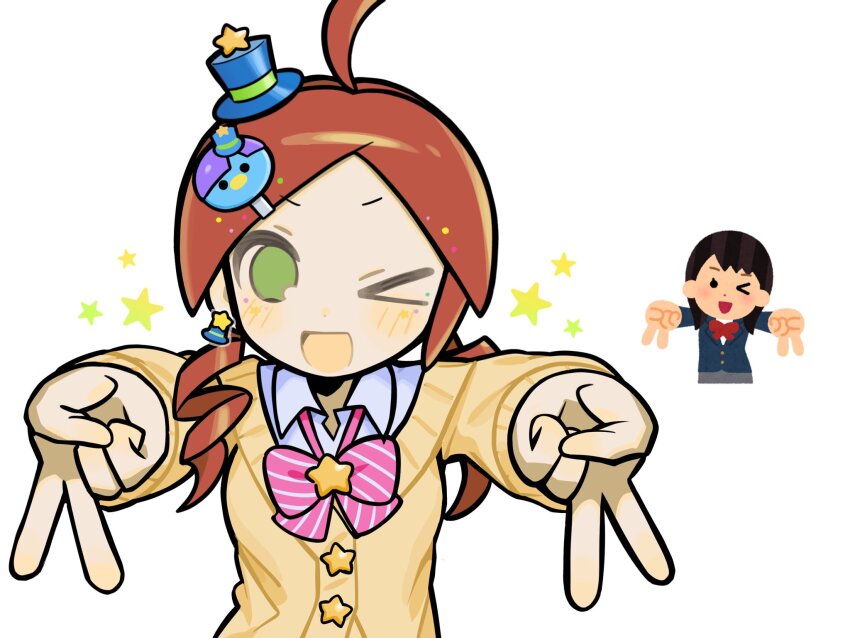&gt;_o 1girl ahoge alternate_costume andou_ringo blush bow brooch cardigan character_hair_ornament collared_shirt double_gyaru_v drill_hair green_eyes gyaru_v hair_ornament hairclip hat highres irasutoya irasutoya_challenge jewelry jsjefff long_hair mini_hat mini_top_hat one_eye_closed open_mouth pink_bow puyopuyo red_hair reference_inset school_uniform shirt simple_background smile solo star_(symbol) star_brooch star_button striped_bow top_hat twin_drills v white_background white_shirt yellow_cardigan