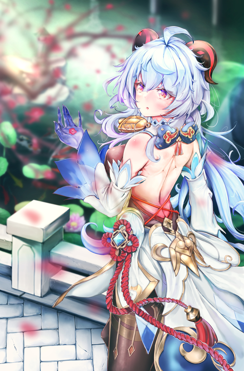 1girl absurdres back backless_bodysuit bare_shoulders blue_gloves blue_hair blurry blurry_background bodystocking breasts chehg commentary_request cowboy_shot cryo_symbol_(genshin_impact) detached_sleeves flower from_behind ganyu_(genshin_impact) genshin_impact gloves hand_up highres holding holding_flower horns long_hair medium_breasts parted_lips red_eyes red_flower red_horns solo vision_(genshin_impact) white_sleeves