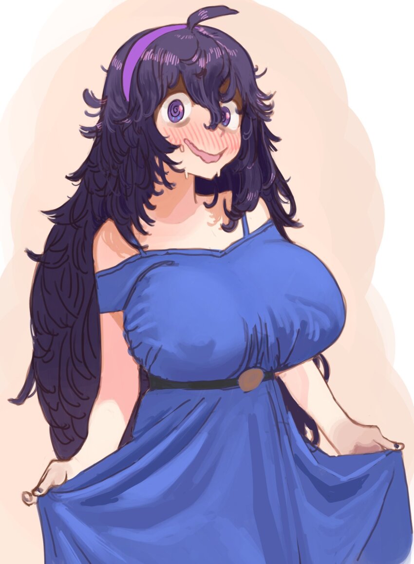 1girl @_@ alternate_breast_size blue_dress breasts clothes_lift dress dress_lift hair_between_eyes hairband hex_maniac_(pokemon) high-waist_dress highres huge_breasts large_breasts long_hair looking_at_viewer messy_hair nervous nervous_sweating nintendo open_mouth pokemon pokemon_xy purple_hair purple_hairband simple_background solo standing sweat zippppiz