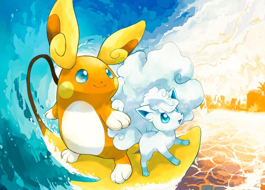 alolan_form alolan_raichu alolan_vulpix animal_focus blue_eyes bright_pupils closed_mouth commentary_request gen_7_pokemon highres nintendo no_humans pokemon pokemon_(creature) smile star_(symbol) surfing toneko water white_pupils