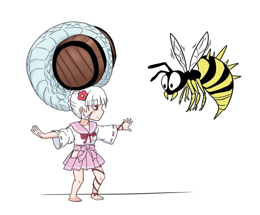 1girl adansosutega barefoot barrel braid byakuda_(kemono_friends) carrying crossover donkey_kong_(series) donkey_kong_country_2 flower full_body hair_flower hair_ornament kemono_friends kemono_friends_3 long_hair looking_at_another miniskirt multicolored_hair nintendo nontraditional_miko outstretched_arms parody pink_hair prehensile_hair red_eyes ribbon-trimmed_sleeves ribbon_trim shirt simple_background skirt smile spread_arms standing very_long_hair white_background white_hair zinger_(donkey_kong)