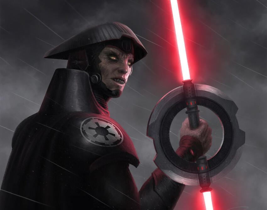 1boy alexandr_elichev colored_skin double-bladed_spinning_lightsaber energy_sword fifth_brother grey_skin grey_sky holding holding_sword holding_weapon lightsaber outdoors rain red_lightsaber sky solo star_wars sword upper_body weapon yellow_eyes