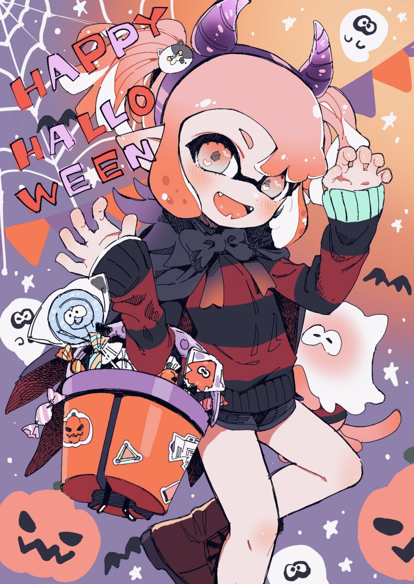1girl amezawa_koma arms_up black_bow black_bowtie black_cape black_shorts black_sweater boots bow bowtie brown_boots cape claw_pose commentary_request fake_horns fangs gradient_eyes gradient_hair grey_eyes hairband halloween halloween_bucket happy_halloween heart heart_in_eye highres horn_hairband horns inkling inkling_girl inkling_player_character jellyfish_(splatoon) judd_(splatoon) long_sleeves looking_at_viewer multicolored_eyes multicolored_hair nintendo open_mouth orange_eyes orange_hair pink_hair pointy_ears purple_hairband purple_horns red_sweater short_hair short_twintails shorts sidelocks smile solo splatoon_(series) striped_clothes striped_sweater sweater swept_bangs symbol_in_eye tentacle_hair twintails two-tone_eyes two-tone_hair