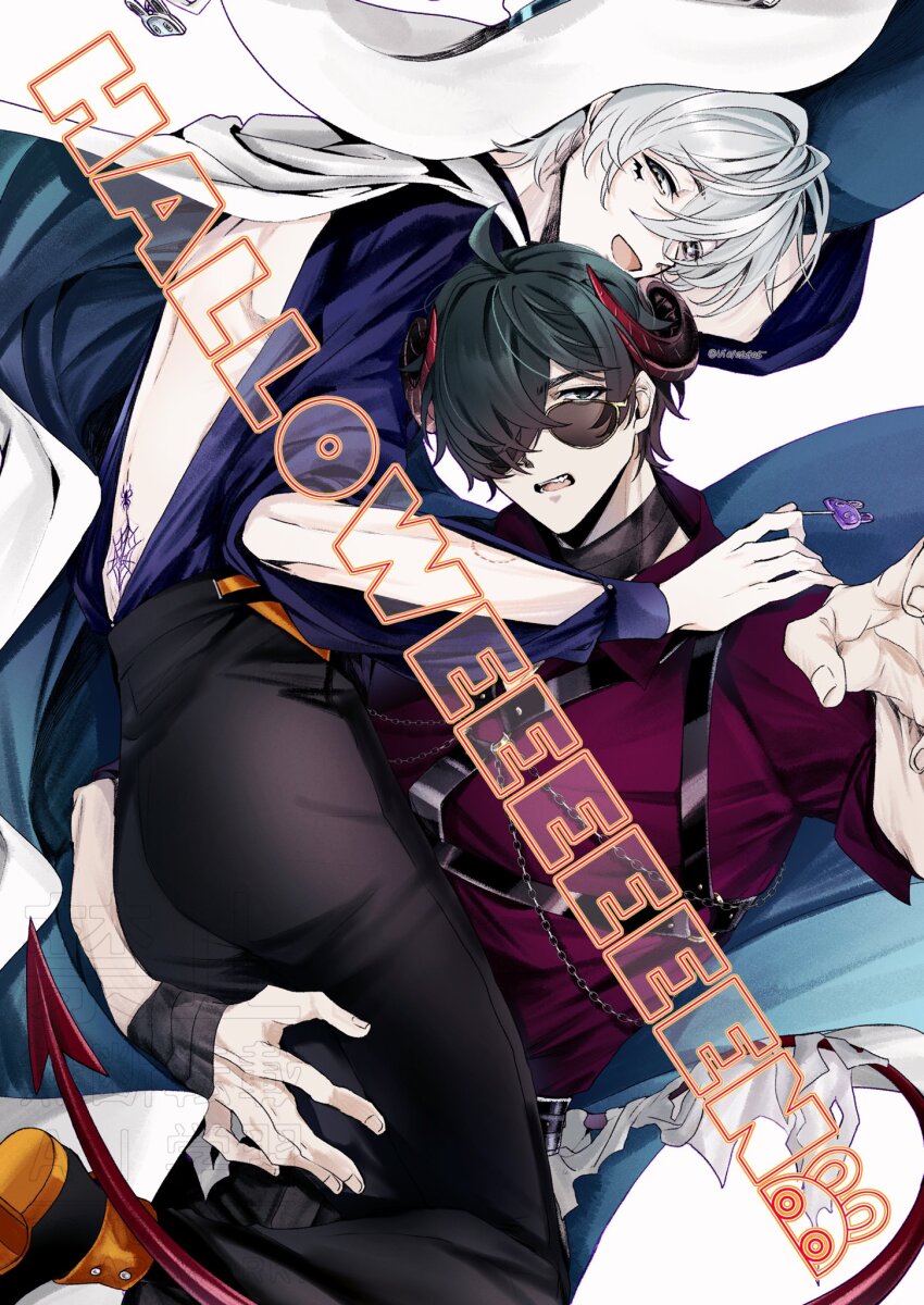 2boys ahoge alternate_costume ass back back_tattoo bangboo_(zenless_zone_zero) belt bite_mark bite_mark_on_arm black_pants candy cape carrying carrying_person chest_harness collar commentary_request curved_horns demon_horns demon_tail english_text facial_tattoo food green_eyes green_hair grey_hair hair_between_eyes hair_over_one_eye half-closed_eyes halloween hand_on_another&#039;s_shoulder harness highres holding holding_candy holding_food holding_lollipop horns lighter_(zenless_zone_zero) lollipop looking_at_viewer looking_over_eyewear male_focus multiple_boys open_mouth orange_shoes pants purple_shirt red_shirt red_tail sharp_tail shirt shoes short_hair simple_background sunglasses tail tattoo twitter_username ui0102405 white_background white_cape wise_(zenless_zone_zero) wristband yaoi zenless_zone_zero