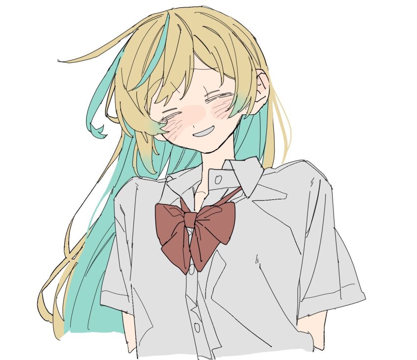 1girl alternate_costume aqua_hair arms_at_sides blonde_hair blush bow bowtie buttons closed_eyes collared_shirt colored_inner_hair commentary cropped_torso dayama dress_shirt flat_color grin hair_down highres long_hair multicolored_hair nijisanji raised_eyebrows red_bow red_bowtie school_uniform shirt short_sleeves side_ahoge simple_background smile solo streaked_hair summer_uniform tachitsute_toto two-tone_hair virtual_youtuber white_background white_shirt