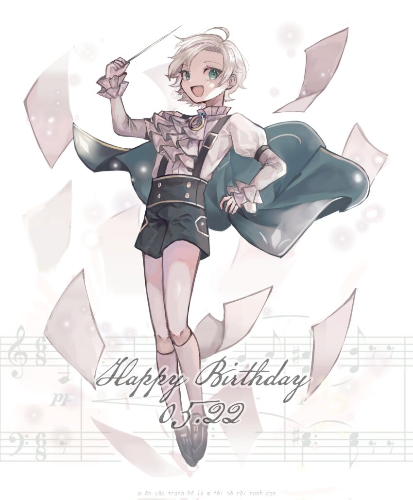 1boy ahoge ascot black_shorts blonde_hair cape classicaloid eyelashes full_body green_cape green_eyes highres juliet_sleeves long_sleeves looking_at_viewer male_focus open_mouth puffy_sleeves richard_wagner_(classicaloid) rmiwalk shirt short_hair shorts socks solo suspender_shorts suspenders white_ascot white_shirt white_socks