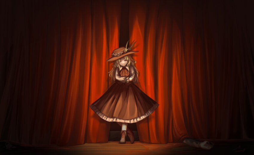 1boy 1girl blonde_hair boots broken_cup brown_boots brown_dress brown_hat closed_eyes closed_mouth collared_shirt commentary_request corpse curtains dolls_in_pseudo_paradise dress frilled_dress frilled_hat frilled_sleeves frills full_body happy hat hat_feather highres jacket jacket_girl_(dipp) lace-up_boots long_hair long_sleeves neck_ribbon pinafore_dress red_ribbon ribbon shirt sleeveless sleeveless_dress smile solo stage_curtains stake standing there2007 touhou very_long_hair white_shirt