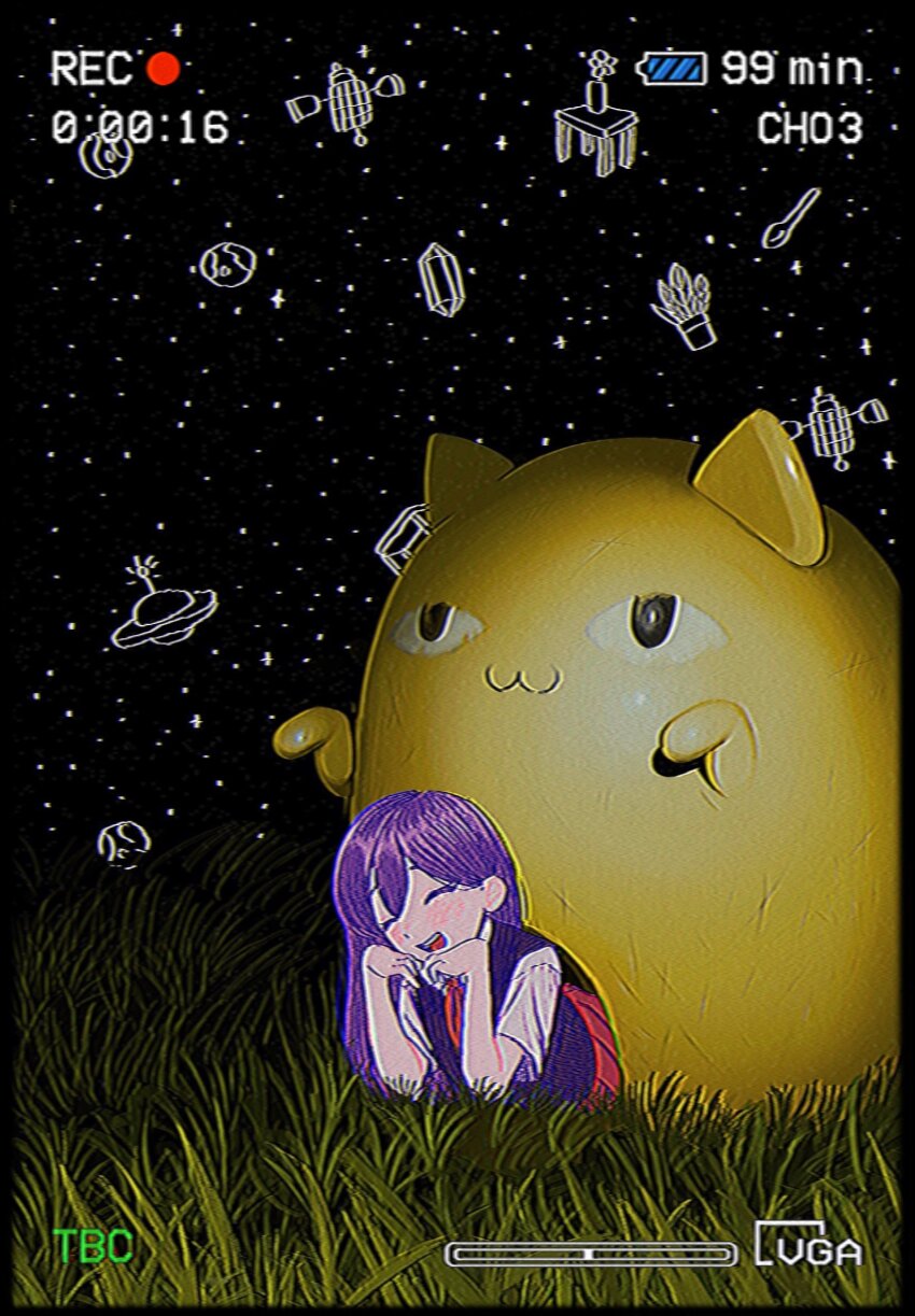 1girl big_yellow_cat_(omori) closed_eyes collared_shirt highres long_hair mari_(headspace)_(omori) mari_(omori) neckerchief omori open_mouth pleated_skirt purple_hair purple_sweater_vest red_neckerchief red_skirt shirt short_sleeves skirt solo sweater_vest tate_ware_anal teeth upper_teeth_only white_shirt