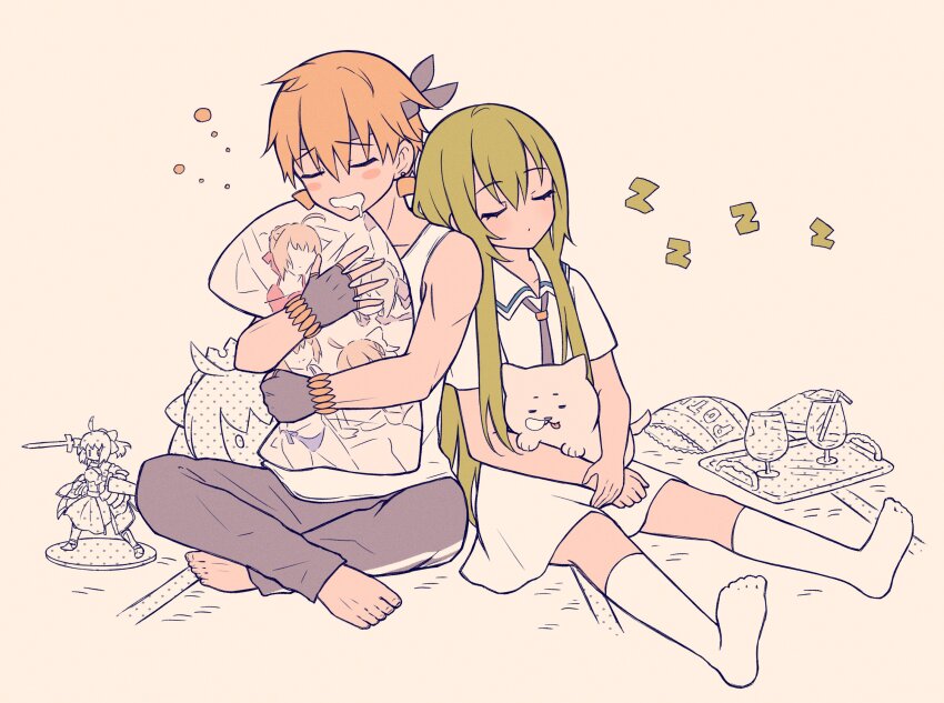1boy 1other androgynous artoria_pendragon_(fate) bag_of_chips barefoot biitu black_gloves blonde_hair blush_stickers bracelet closed_eyes closed_mouth dakimakura_(object) drooling earrings enkidu_(fate) fate/strange_fake fate_(series) figure fingerless_gloves full_body gilgamesh_(fate) glass gloves gold_bracelet green_hair grey_pants highres hugging_object indian_style jewelry long_hair mouth_drool nose_bubble pants pillow saber_(fate) sailor_collar shirt short_hair simple_background sitting skirt sleeping sleeping_upright socks stuffed_toy white_background white_shirt white_skirt white_socks wolf_(fate) zzz