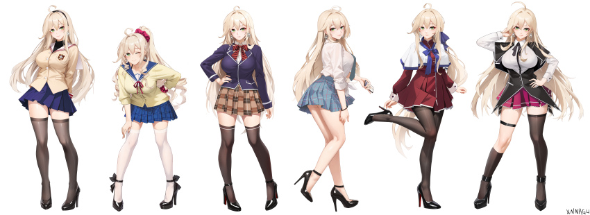 1girl absurdres ahoge aiba_asagi aiba_asagi_(cosplay) aqua_necktie aqua_skirt ass black_bow black_bowtie black_footwear black_hairband black_pantyhose black_socks black_thighhighs blazer blonde_hair blue_bow blue_jacket blue_sailor_collar blue_skirt bow bowtie breasts brown_skirt capelet cellphone clannad collared_shirt commentary_request cosplay dress earrings emblem frilled_skirt frills green_eyes hair_bow hair_ornament hair_scrunchie hairband hairclip high_heels high_school_dxd highres hikarizaka_private_high_school_uniform holding holding_phone jacket jewelry kanon kawasumi_mai kawasumi_mai_(cosplay) kitagawa_marin kitagawa_marin_(cosplay) large_breasts leaning_forward long_hair long_sleeves looking_at_viewer low_ponytail miniskirt missouri_(warship_girls_r) nakiri_erina nakiri_erina_(cosplay) neck_ribbon necktie one_eye_closed pantyhose patent_heels phone pink_skirt plaid_clothes plaid_skirt pleated_skirt ponytail pumps red_dress red_ribbon red_scrunchie rias_gremory rias_gremory_(cosplay) ribbon sailor_collar sakagami_tomoyo sakagami_tomoyo_(cosplay) school_uniform scrunchie shirt shoes shokugeki_no_souma short_dress single_sock single_thighhigh skirt smartphone smile socks sono_bisque_doll_wa_koi_wo_suru star_(symbol) star_earrings stiletto_heels strike_the_blood striped_bow striped_bowtie striped_clothes thigh_strap thighhighs tongue tongue_out tootsuki_saryou_ryouri_gakuen_uniform very_long_hair warship_girls_r white_capelet white_shirt wrist_scrunchie xnnagu zettai_ryouiki