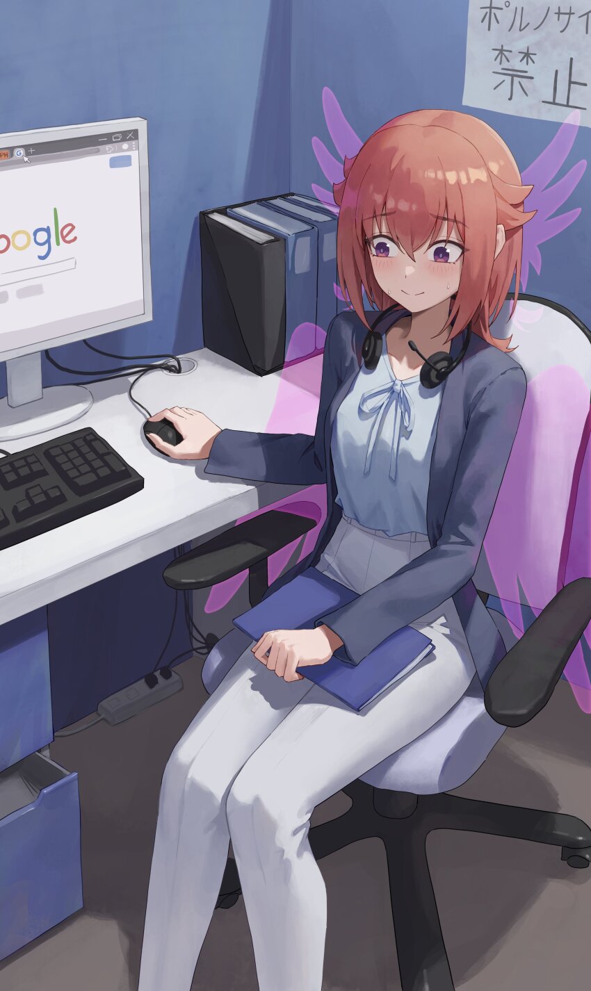 1girl absurdres baan:_the_boundary_of_adulthood black_shirt chair closed_mouth computer computer_keyboard computer_mouse folder google head_wings headphones headphones_around_neck highres holding holding_folder llami_0 long_sleeves monitor multiple_wings pants purple_eyes rinrada_ratchamanee shirt shirt_tucked_in sitting smile solo swivel_chair white_pants wings