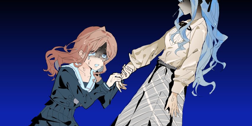 2girls absurdres bang_dream! bang_dream!_it&#039;s_mygo!!!!! black_background black_ribbon black_shirt black_skirt blue_background blue_hair brown_hair closed_mouth curly_sidelocks despair emlynmoon gradient_background grey_skirt hashtag-only_commentary highres holding_hands long_hair long_sleeves looking_at_another looking_up multiple_girls nagasaki_soyo neck_ribbon nervous_sweating parted_bangs puffy_long_sleeves puffy_sleeves ribbon school_uniform shaded_face shirt sidelocks simple_background sketch skirt sweat tears togawa_sakiko tsukinomori_school_uniform upturned_eyes wavy_hair winter_uniform