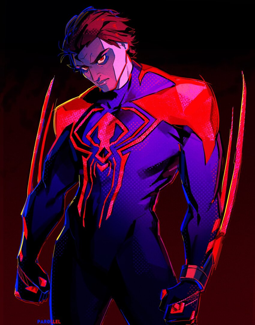1boy animal_print arm_blade blue_bodysuit bodysuit broad_shoulders brown_hair cheekbones dark-skinned_male dark_skin glowing_bodysuit hair_slicked_back highres male_focus marvel miguel_o&#039;hara muscular muscular_male par0llel print_bodysuit red_bodysuit red_eyes short_hair skin_tight solo spider-man:_across_the_spider-verse spider-man_(2099) spider-man_(series) spider-verse spider_print superhero_costume thick_eyebrows two-tone_bodysuit weapon