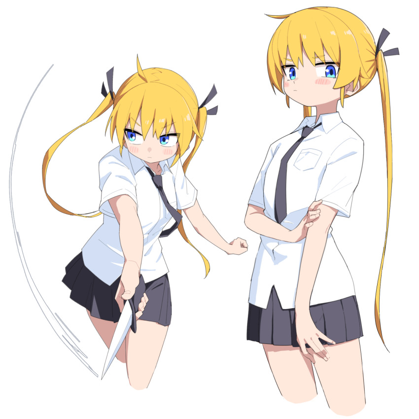1girl black_necktie black_skirt blonde_hair blue_eyes collared_shirt cropped_legs hair_ribbon highres holding holding_knife kill_me_baby knife long_hair necktie pleated_skirt ribbon shirt short_sleeves simple_background skirt solo sonya_(kill_me_baby) twintails white_background white_shirt yachima_tana