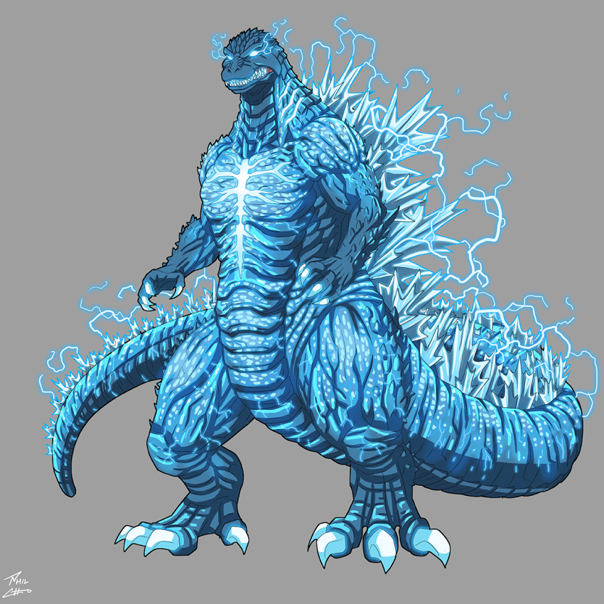 alternate_color bioluminescence burning_godzilla claws clenched_teeth elbow_spikes electricity fangs full_body giant giant_monster glowing glowing_claws glowing_eyes glowing_mouth glowing_spikes glowing_teeth godzilla godzilla_(series) godzilla_vs._destoroyah highres jaw kaiju long_tail monster no_humans phil-cho scales sharp_teeth spikes spines tail teeth