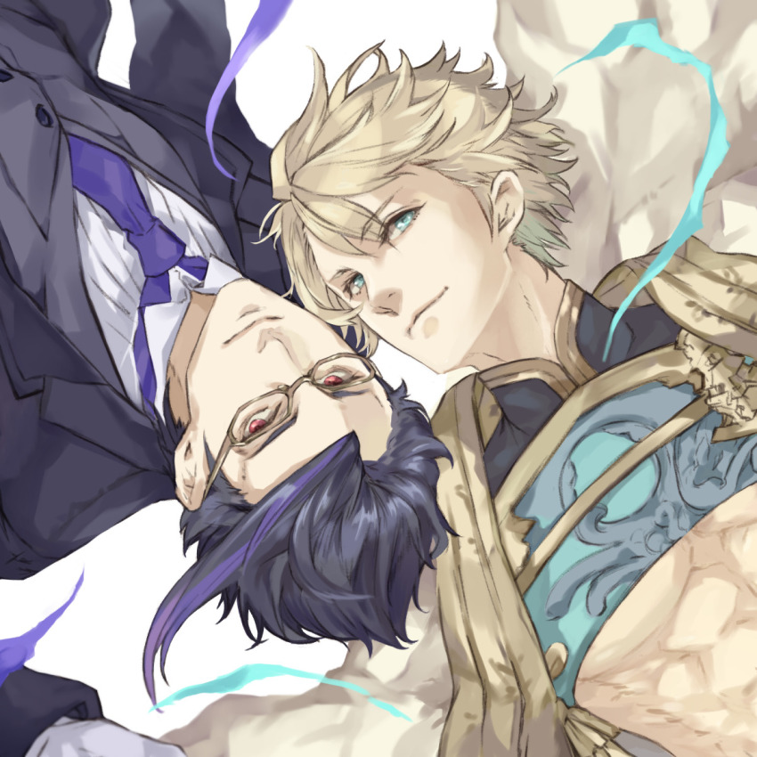 2boys ahoge aladdin_(sinoalice) aqua_eyes arabian_clothes bad_id black_hair blonde_hair brown-framed_eyewear closed_mouth collared_shirt crop_top formal_clothes glasses gloves gold_trim grey_vest hameln_(sinoalice) highres looking_at_viewer multicolored_hair multiple_boys necktie owalioli pectorals purple_hair purple_necktie red_eyes shirt simple_background sinoalice smile two-tone_hair upside-down vest white_background white_gloves