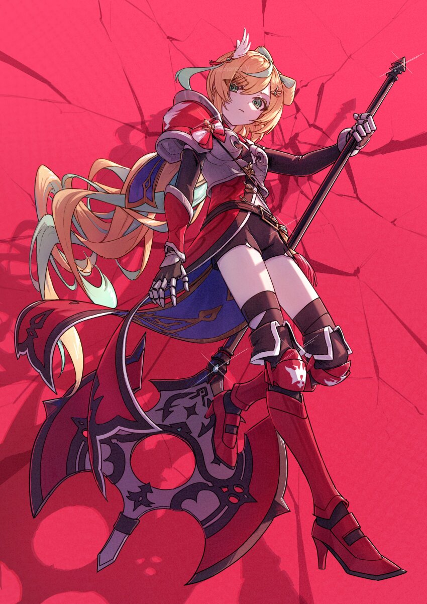 1girl absurdres aqua_hair armillarphere_v armor armored_boots artist_name axe battle_axe belt belt_buckle black_belt black_dress black_gloves black_shorts black_thighhighs blonde_hair boots bow bow-shaped_hair breastplate buckle closed_mouth colored_inner_hair double-sided_axe dress elbow_gloves floating_hair glint gloves green_eyes hair_between_eyes hair_ornament hand_up hashtag-only_commentary high_heel_boots high_heels highres holding holding_axe holding_weapon long_hair looking_at_viewer multicolored_hair nijisanji pauldrons red_background red_boots red_bow red_dress serious shadow short_shorts shorts shoulder_armor side_ponytail sidelocks single_pauldron single_vambrace sleeveless sleeveless_dress solo streaked_hair tachitsute_toto tachitsute_toto_(1st_costume) tassel thighhighs twitter_username vambraces very_long_hair virtual_youtuber watermark weapon