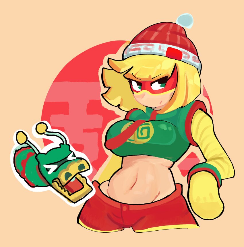 1girl absurdres arms_(game) beanie blonde_hair bracelet colored_extremities dragon_(arms) eye_mask green_eyes hat highres jewelry min_min_(arms) navel no_shirt shirt shorts solo wavedotwav