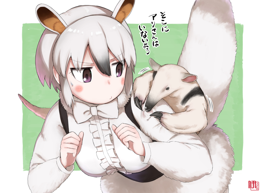 1girl animal animal_ears animal_on_shoulder anteater artist_logo black_hair blush_stickers border bow bowtie center_frills closed_mouth creature_and_personification dress extra_ears frills fur_collar fur_trim grey_hair hair_between_eyes highres ito_yoki kemono_friends kemono_friends_3 leaning_forward logo long_sleeves looking_at_another medium_hair multicolored_hair outside_border parted_bangs personification purple_eyes southern_tamandua southern_tamandua_(kemono_friends) tail tamandua_ears tamandua_tail translation_request two-tone_hair v-shaped_eyebrows white_border white_bow white_bowtie