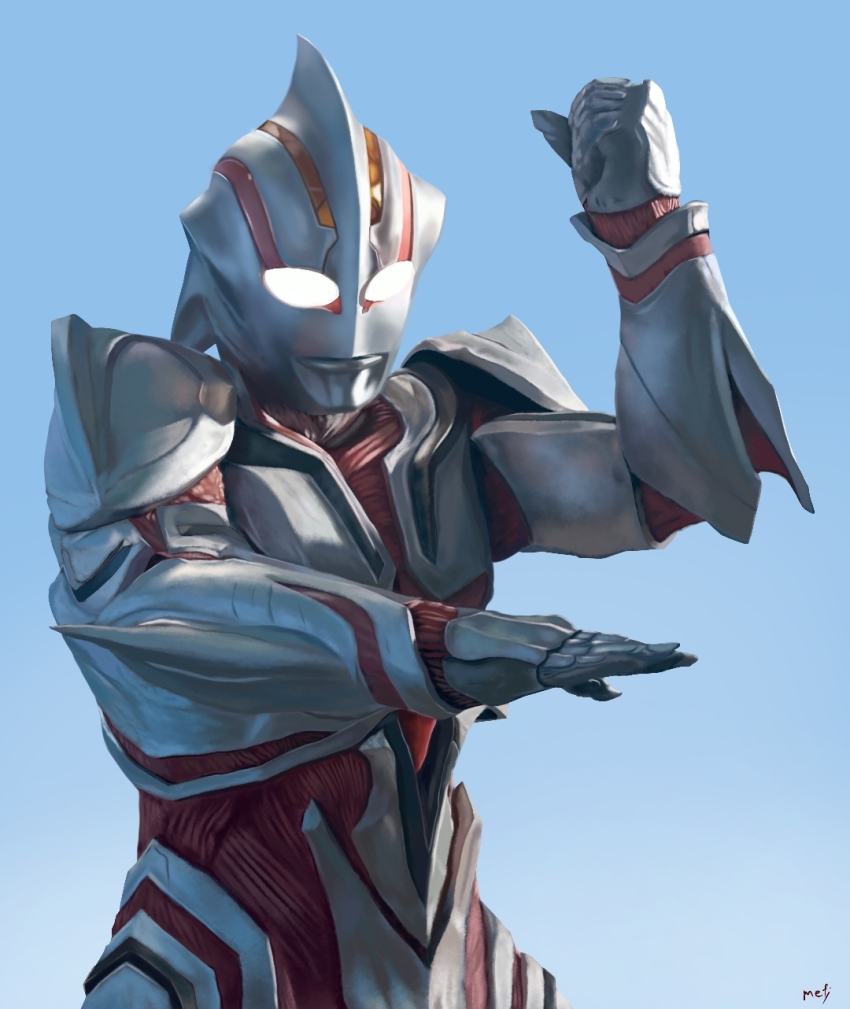 1boy alien armor blue_sky day elbow_blade elbow_spikes fighting_stance giant glowing glowing_eyes highres mefi_ra_es_pix no_humans no_pupils realistic seijin sky superhero_costume tsuburaya_productions ultra_series ultraman:_the_next ultraman_the_next white_eyes