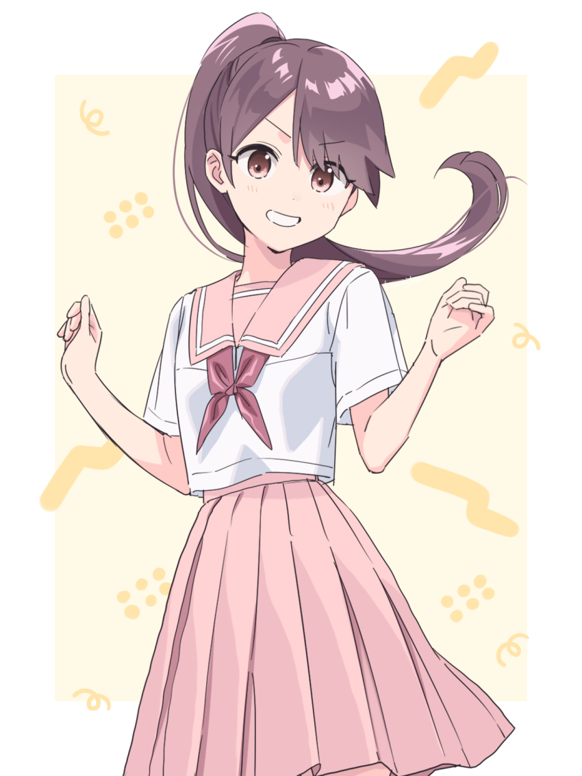1girl blush brown_eyes brown_hair grin highres kisaragi_hina looking_at_viewer neckerchief original pink_sailor_collar pink_skirt ponytail red_neckerchief sailor_collar school_uniform serafuku shirt short_sleeves skirt smile solo white_shirt
