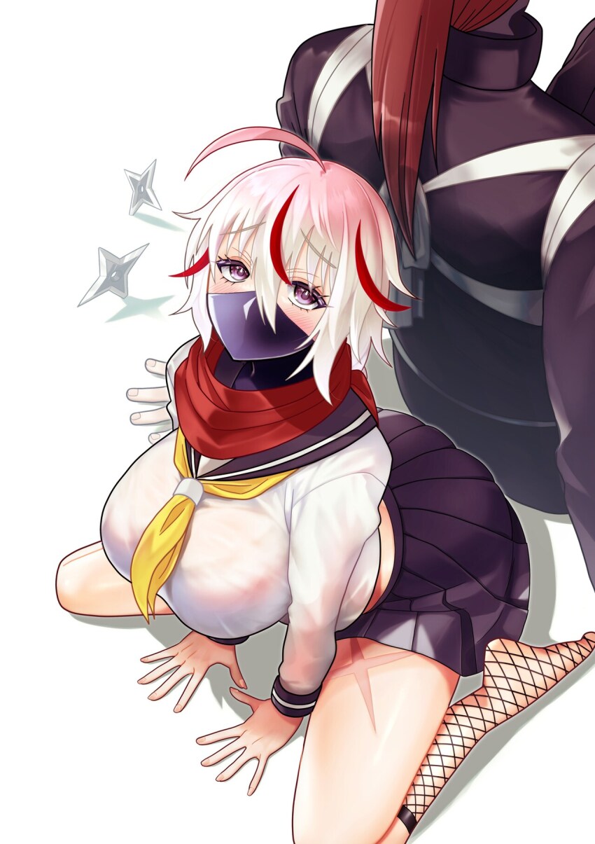1boy 1girl ahoge back-to-back bare_legs barefoot breasts cover cover_page cross_scar eyelashes fishnet_socks fishnets from_above gakuran gradient_hair grey_hair hands_on_floor highres igasaki_rindou kokanno_tento large_breasts light_blush long_hair long_sleeves looking_up manga_cover mask medium_hair multicolored_hair neckerchief ninja ninko-chan_wa_ochikazuki_ni_naritai official_art pants pleated_skirt ponytail purple_eyes raised_inner_eyebrows red_hair red_scarf sailor_collar sailor_shirt scar scar_on_leg scarf school_uniform shinobe_ninko shirt shuriken simple_background sitting skirt socks streaked_hair tasuki textless_version third-party_source wariza weapon white_background yellow_neckerchief