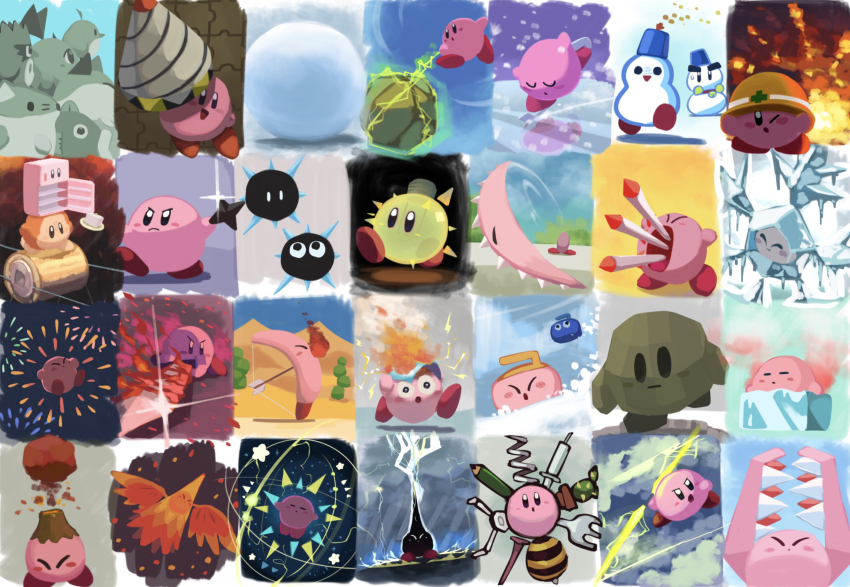 :o black_eyes blue_sky blush_stickers bow_(weapon) burning cactus chilly_(kirby) chuchu_(kirby) closed_mouth cloud colored_skin commentary_request coo_(kirby) copy_ability desert determined drill flaming_arrow fork frown frozen gooey_(kirby) highres holding ice ice_cube ice_skates kine_(kirby) kirby kirby_(series) kirby_64 light_bulb lightning melting multiple_views nago_(kirby) nintendo open_mouth pencil pink_skin pitch_(kirby) plant potted_plant red_footwear reflective_floor rick_(kirby) rocket shoes shuriken skates sky smile snowball snowing sparkle spikes statue suyasuyabi v-shaped_eyebrows weapon wide-eyed