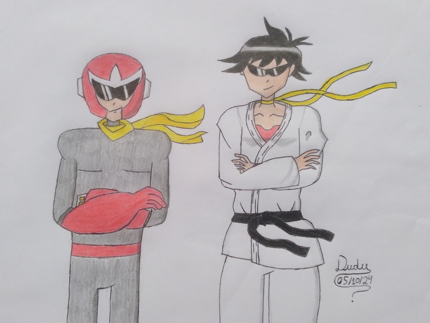 black_hair bodysuit collarbone crossed_arms dougi erduecho grey_bodysuit helmet highres karate_gi makoto_(street_fighter) mega_man_(series) proto_man red_helmet scarf self-upload short_hair simple_background sketch smile sunglasses white_background yellow_scarf
