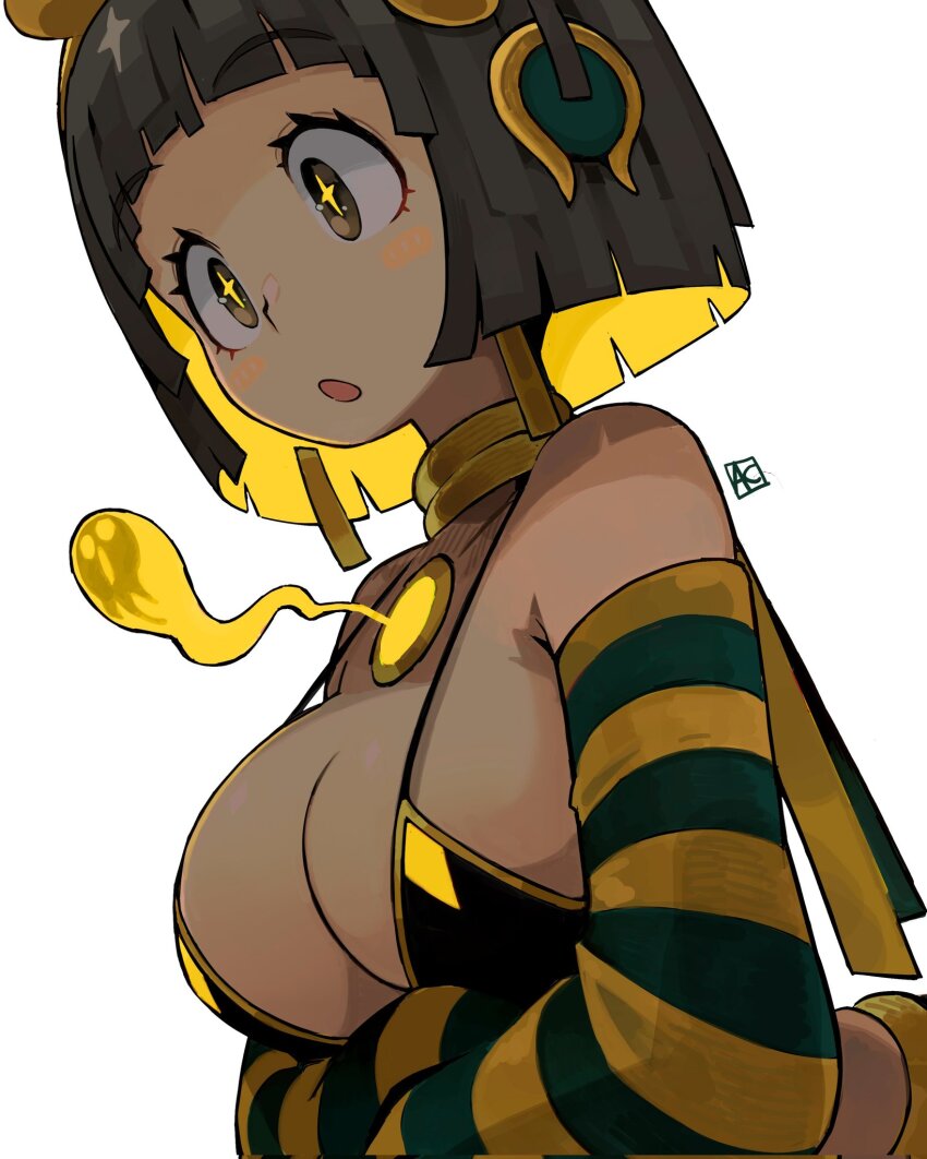 1girl :o ancient_egyptian_clothes andrewcockroach arms_under_breasts artist_name bare_shoulders bikini black_bikini black_hair blonde_hair blunt_bangs blunt_ends blush blush_stickers bob_cut breasts brown_eyes chest_jewel cleavage close-up colored_inner_hair commentary crossed_arms dark-skinned_female dark_skin detached_sleeves dutch_angle earrings eyelashes from_side gold_earrings gold_headdress gold_trim green_sleeves halterneck headdress highres initial jewelry large_breasts looking_afar looking_ahead multicolored_hair neck_ring open_mouth original pendant_earring raised_eyebrows short_hair signature simple_background solo sparkling_eyes spirit straight_hair striped_sleeves swimsuit upper_body uraeus white_background yellow_gemstone yellow_sleeves