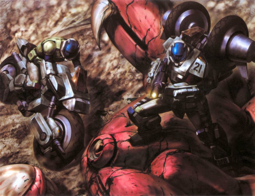 1980s_(style) 2boys alien annotated aramaki_shinji armor battle blood cannon claws coin_rand corpse gun igaa inbit kikou_souseiki_mospeada mecha monster mospeada mospeada_(mecha) motor_vehicle motorcycle multiple_boys official_art oldschool power_armor power_suit production_art promotional_art rand ray ray_(mospeada) realistic retro_artstyle ride_armor rifle robot science_fiction stick_bernard traditional_media vehicle weapon