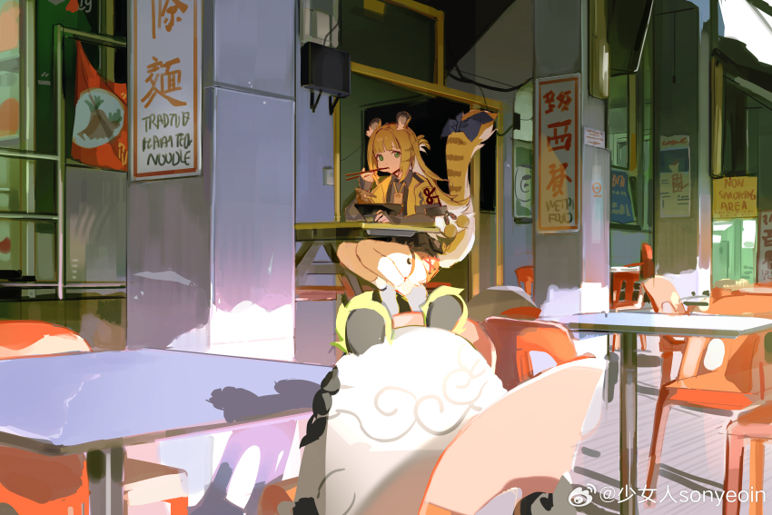 1girl absurdres animal_ear_fluff animal_ears black_shirt blonde_hair blunt_ends chopsticks eating food_in_mouth green_eyes highres holding holding_chopsticks id_card jacket ju_fufu long_hair looking_at_animal shirt sidelocks socks tiger_ears tiger_girl twice12314 white_socks yellow_jacket zenless_zone_zero